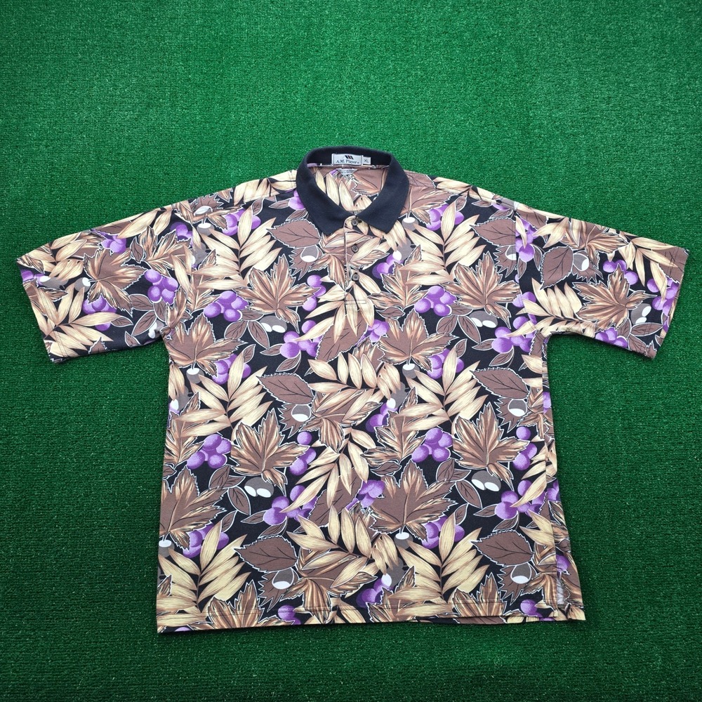 AM Player Polo‎ Shirt Mens XL Multicolor Floral Vintage Hawaiian Tropical Golf
